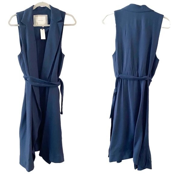 Anthro Chic Navy Blue Linen Blend Longline Vest Sleeveles Minimalist Layering - Picture 2 of 12